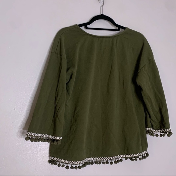 LOFT Lounge wear hunter Green Pom Pom Bell Sleeve Sweatshirt medium women’s boho - Picture 2 of 6